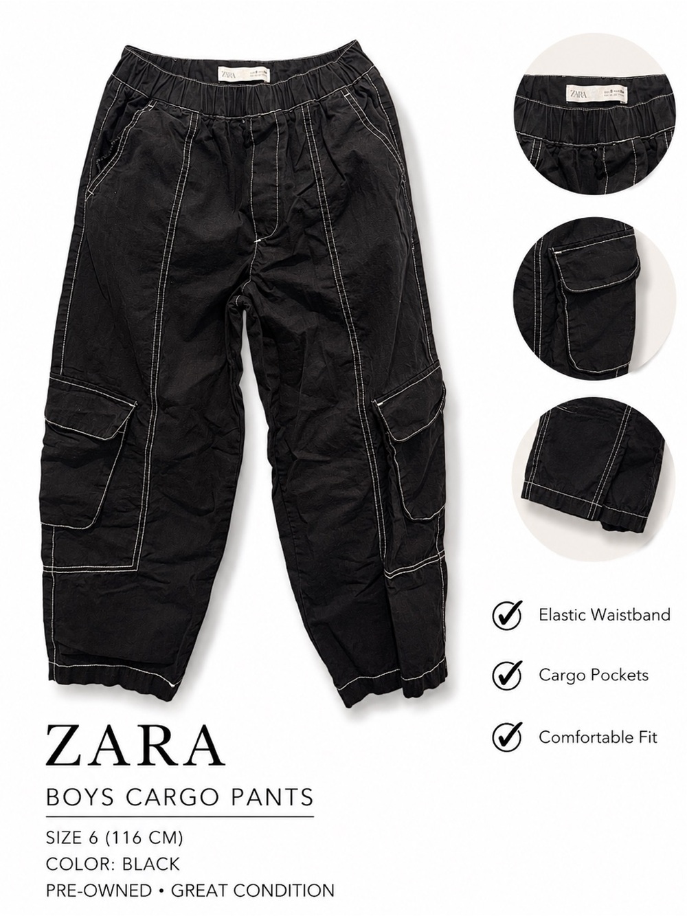 ZARA Black Girl Cargo Joggers with Contrast Stitching